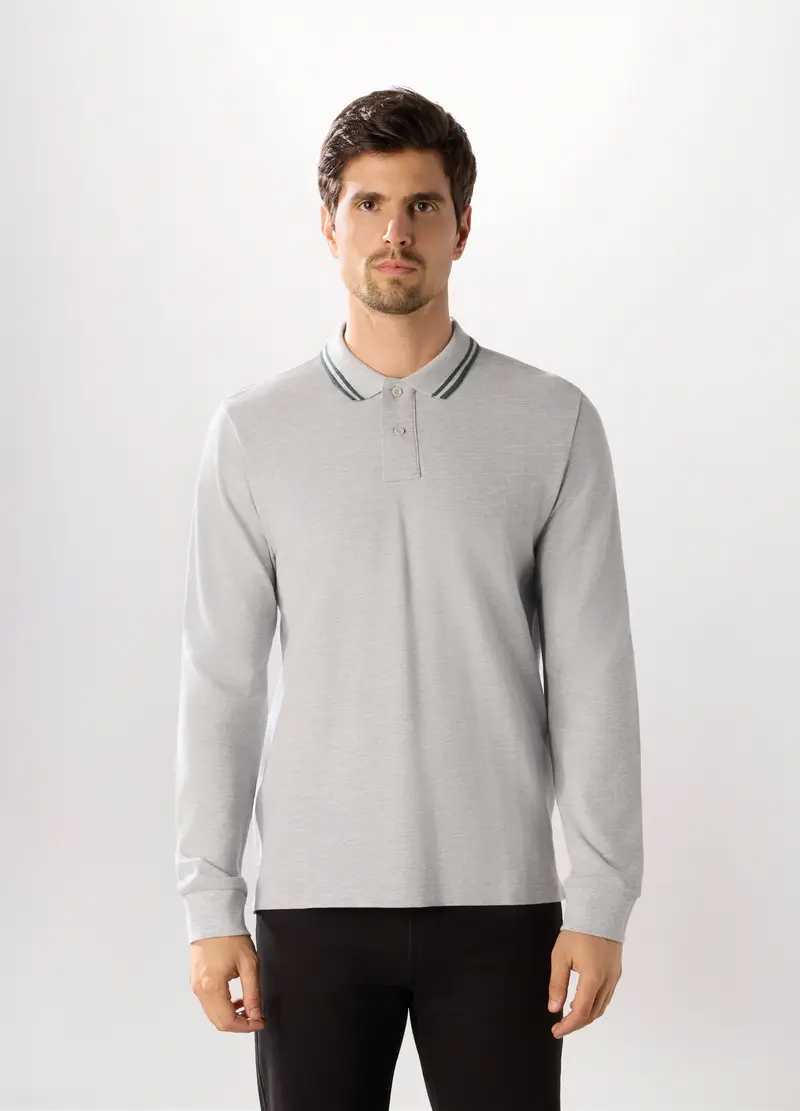 Polo Con Colletto A Contrasto In Cotone Piquet Uomo, Grigio chiaro melange