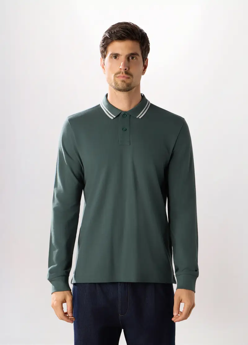 Polo Con Colletto A Contrasto In Cotone Piquet Uomo, Verde antracite