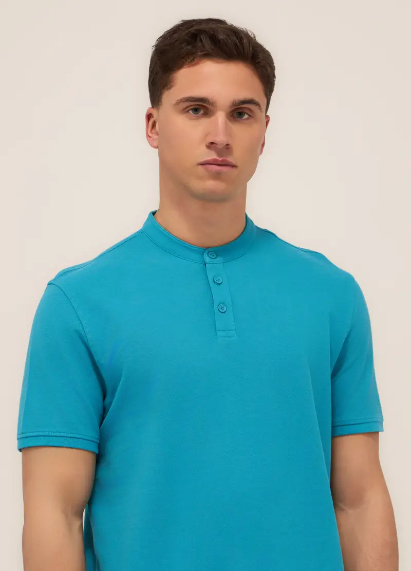 Polo Con Colletto Coreano In Piquet Di Cotone Uomo, Azzurro turchese miniatura 3