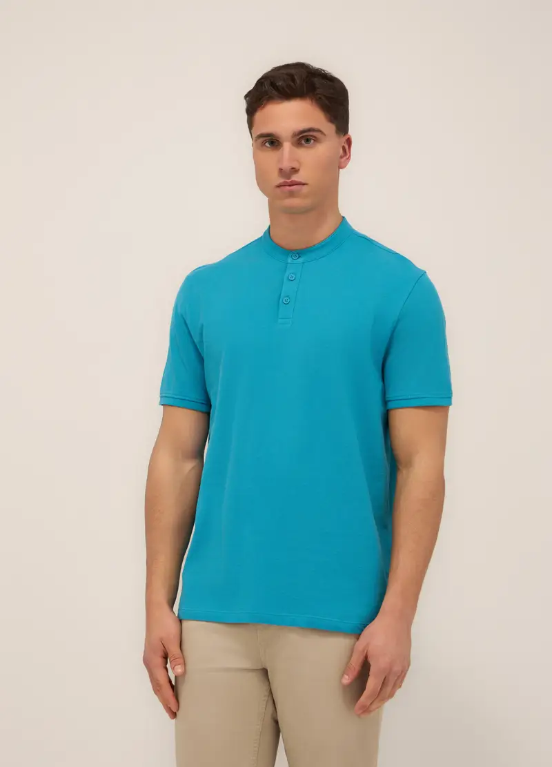 Polo Con Colletto Coreano In Piquet Di Cotone Uomo, Azzurro turchese