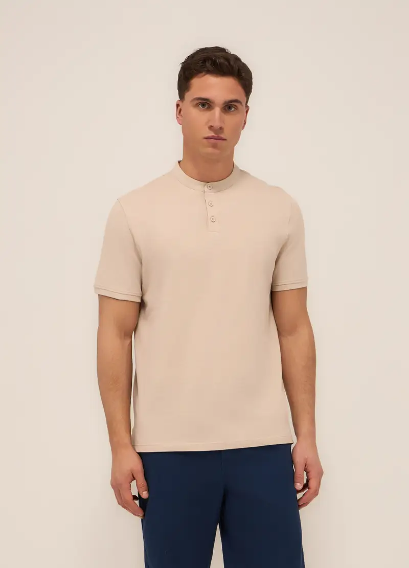 Polo Con Colletto Coreano In Piquet Di Cotone Uomo, Beige chiaro