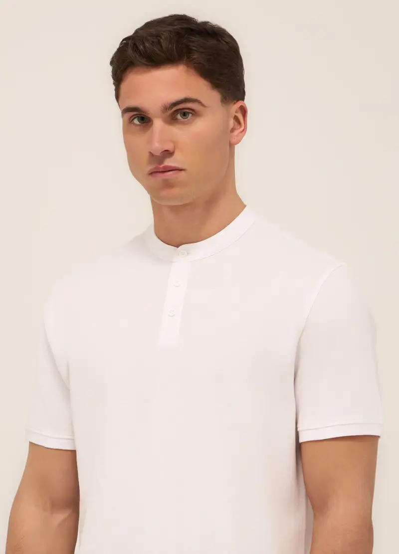 Polo Con Colletto Coreano In Piquet Di Cotone Uomo, Bianco ottico miniatura 3