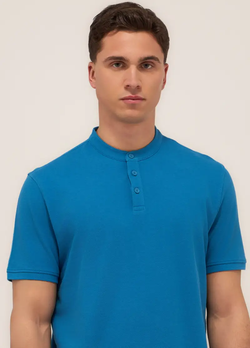 Polo Con Colletto Coreano In Piquet Di Cotone Uomo, Blu elettrico miniatura 3