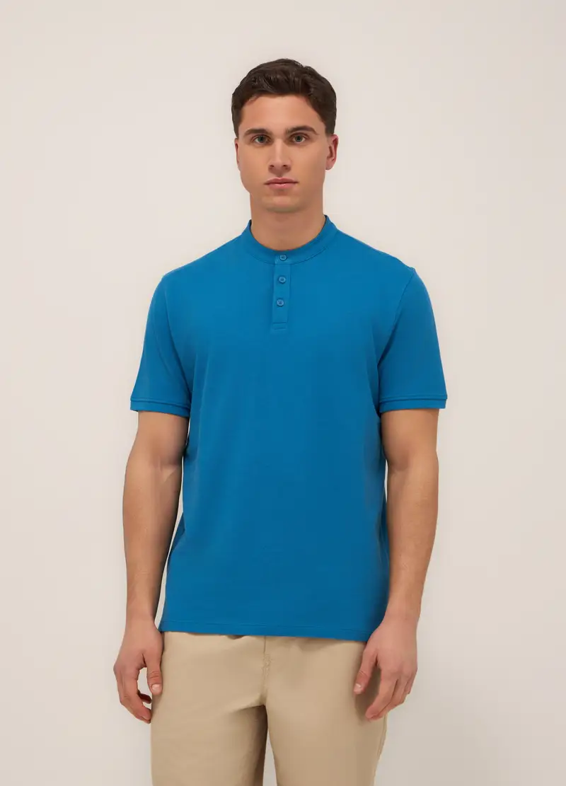 Polo Con Colletto Coreano In Piquet Di Cotone Uomo, Blu elettrico