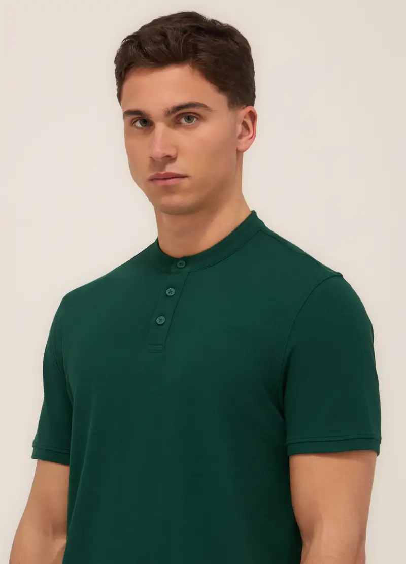 Polo Con Colletto Coreano In Piquet Di Cotone Uomo, Verde smeraldo scuro miniatura 3