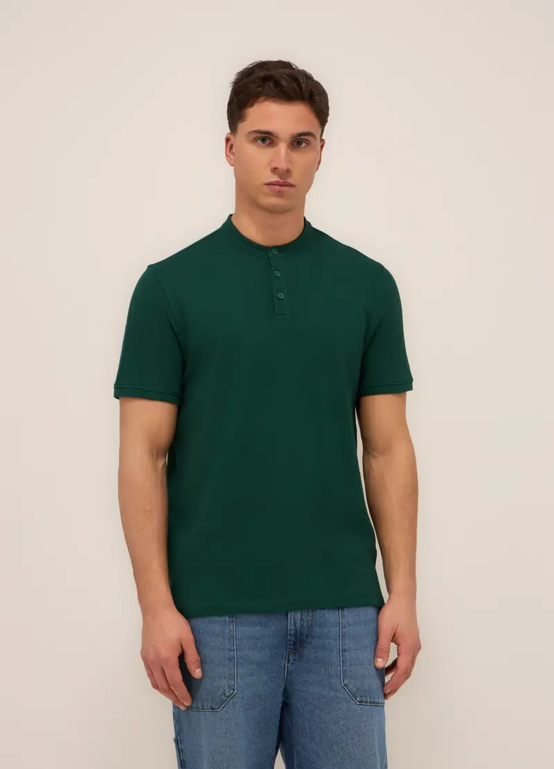 Polo Con Colletto Coreano In Piquet Di Cotone Uomo, Verde smeraldo scuro