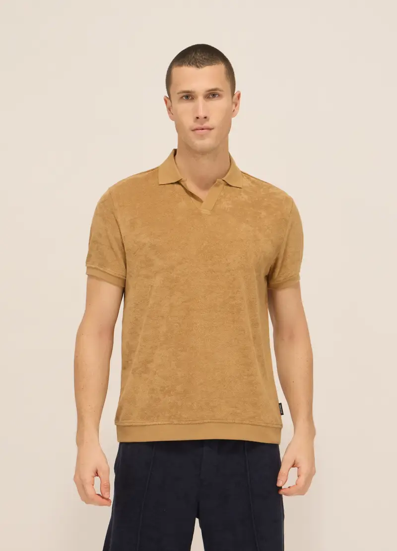 Polo In Spugna Di Misto Cotone Uomo, Unisex, Marrone antilope