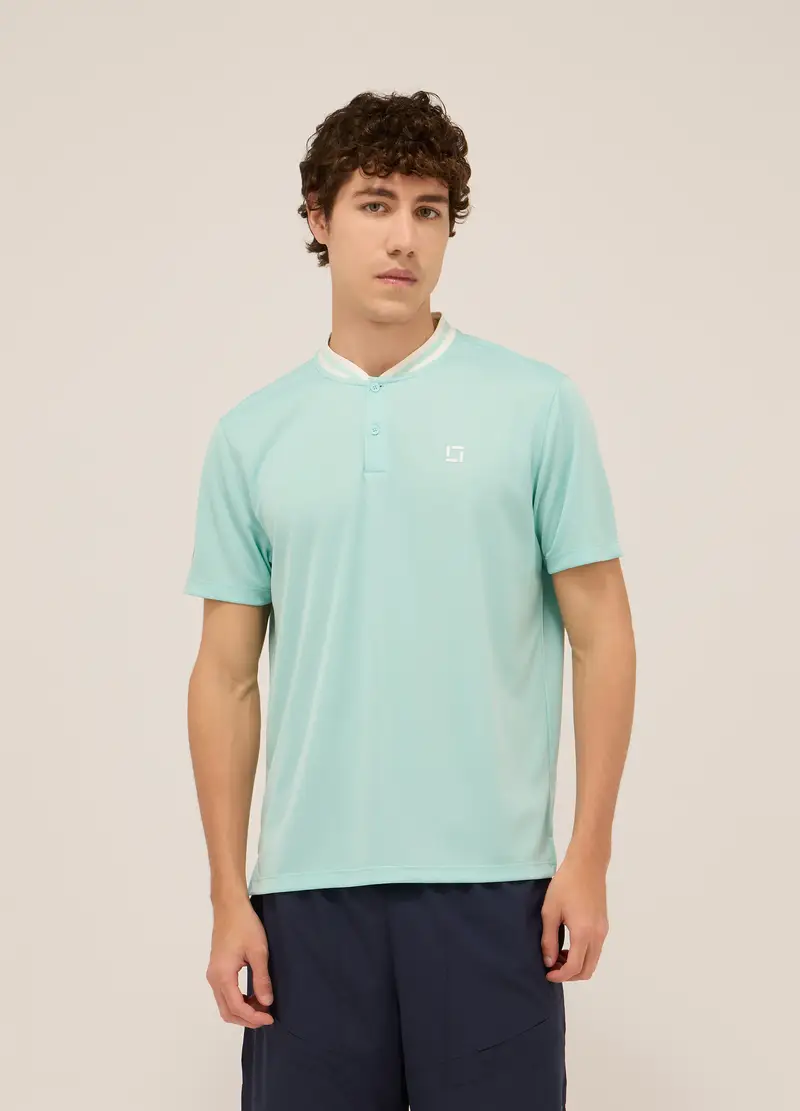 Polo Sportiva Con Colletto Coreano In Jersey Di Tessuto Tecnico Uomo, Unisex, Azzurro turchese