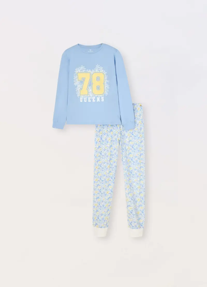 Set Pigiama In Jersey Di Puro Cotone Bambina, Azzurro chiaro