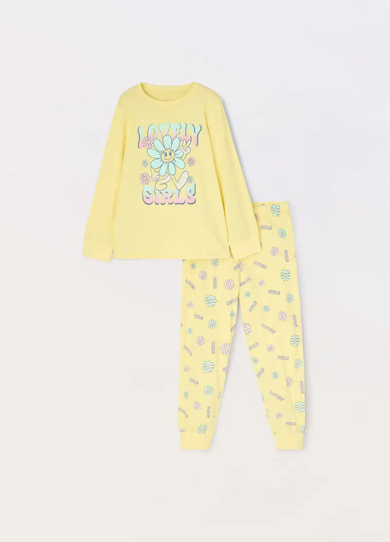 Set Pigiama In Jersey Di Puro Cotone Bambina, Giallo chiaro