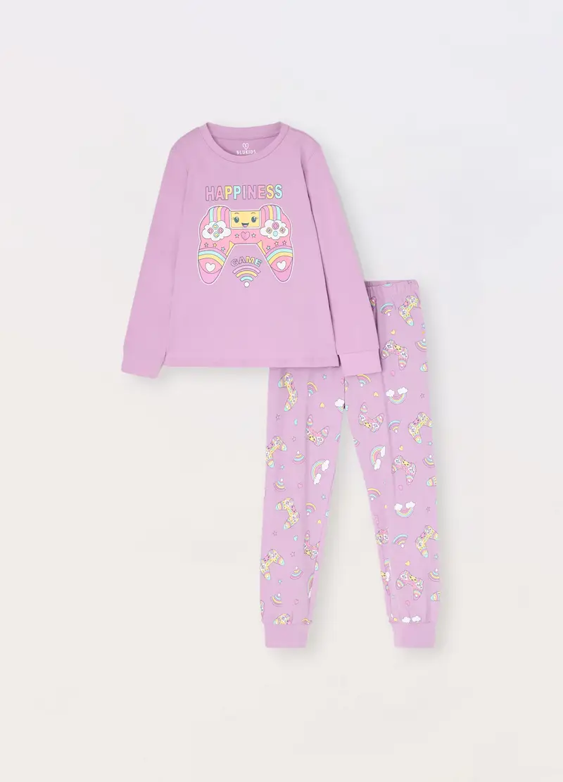 Set Pigiama In Jersey Di Puro Cotone Bambina, Viola lilla