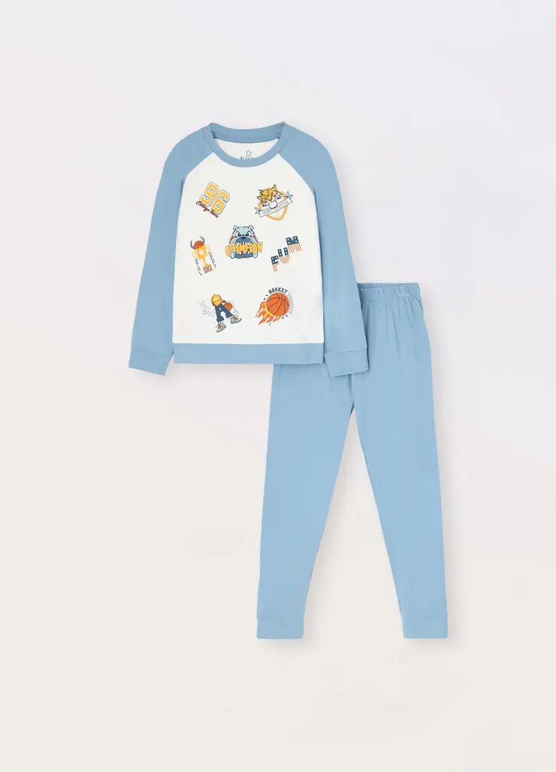 Set Pigiama In Puro Cotone Ragazzo, Bambino, Azzurro chiaro