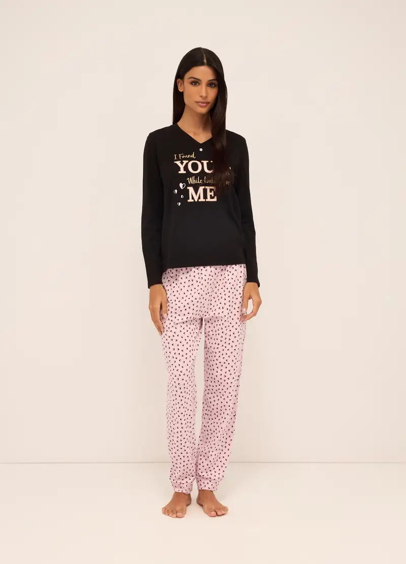 UPIM HB, Set Pigiama Lungo In Puro Cotone Donna, Nero/Rosa, Taglia: M