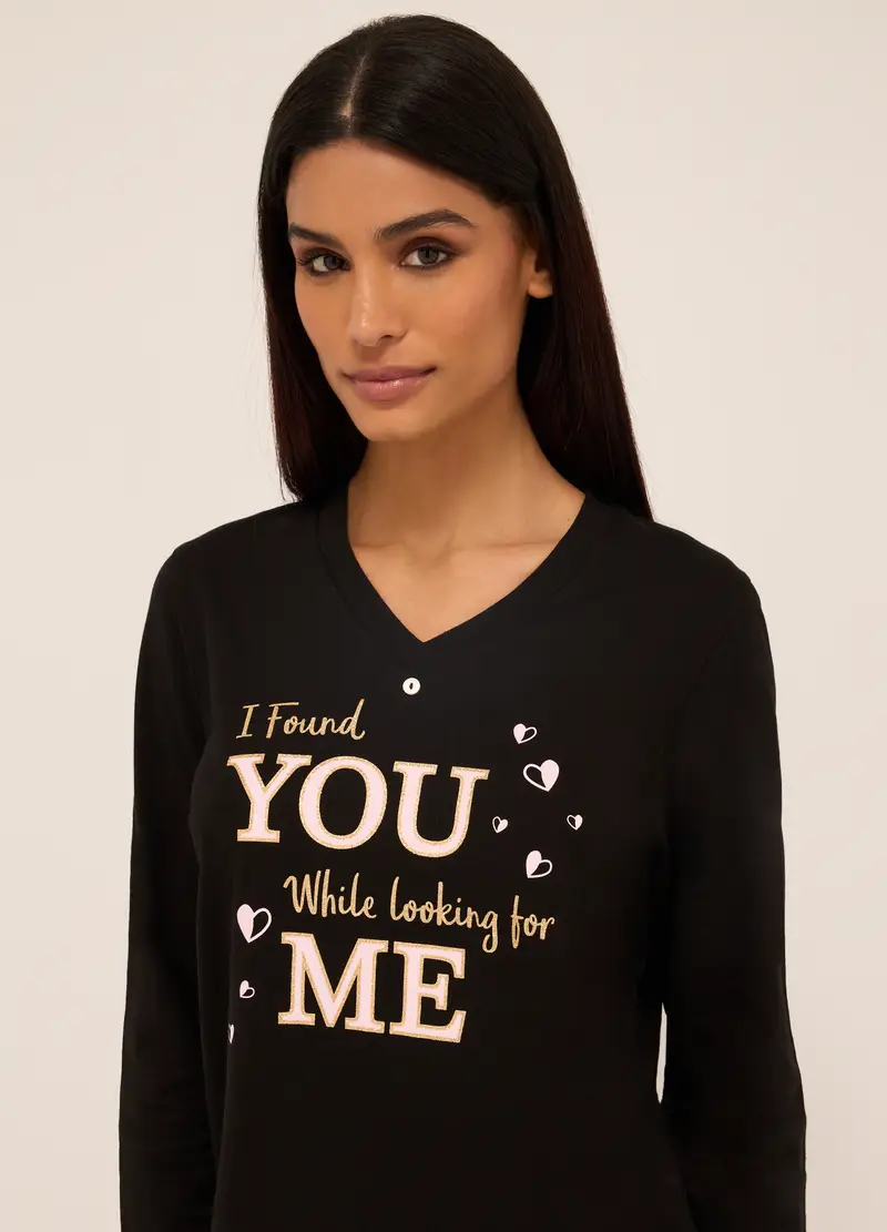 UPIM HB, Set Pigiama Lungo In Puro Cotone Donna, Nero/Rosa, Taglia: M miniatura 2