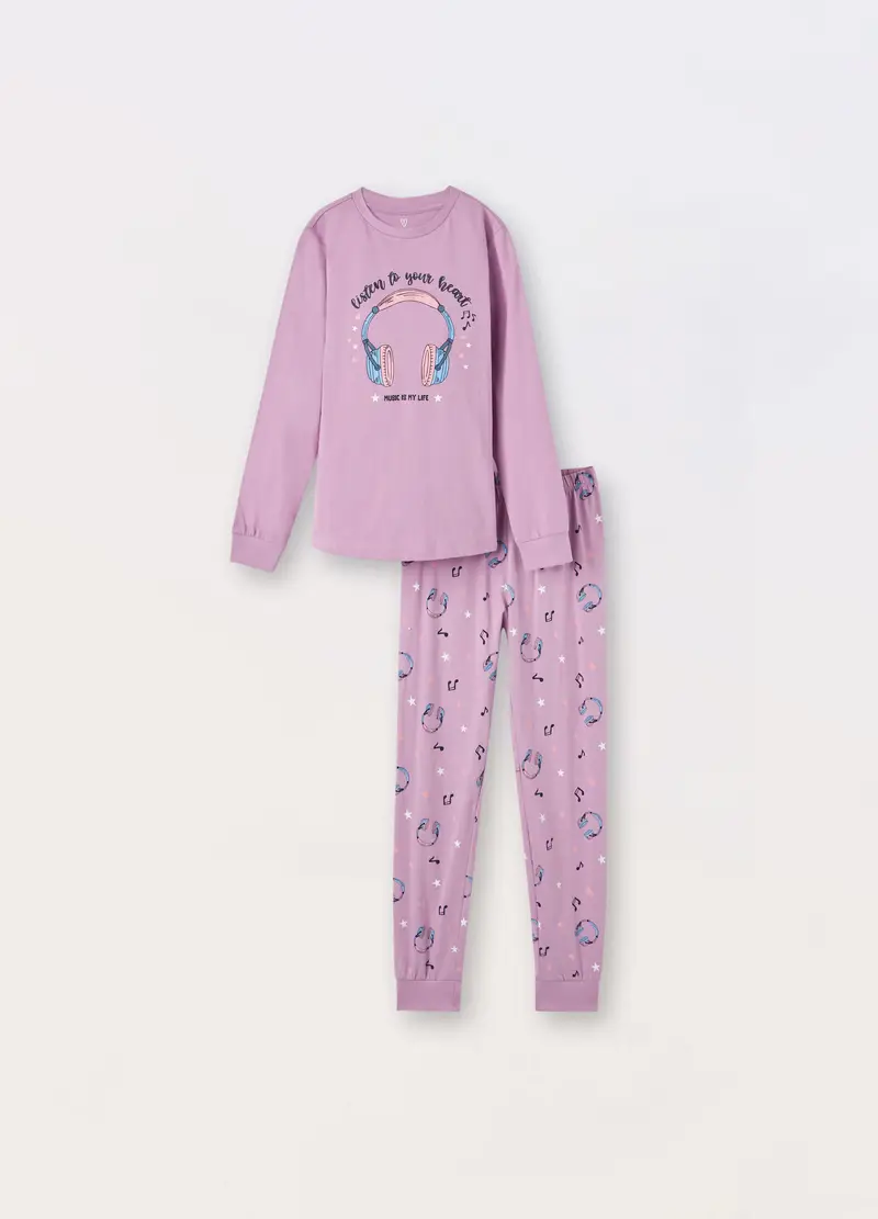 Set Pigiama Lungo In Puro Cotone Ragazza, Bambina, Viola lilla