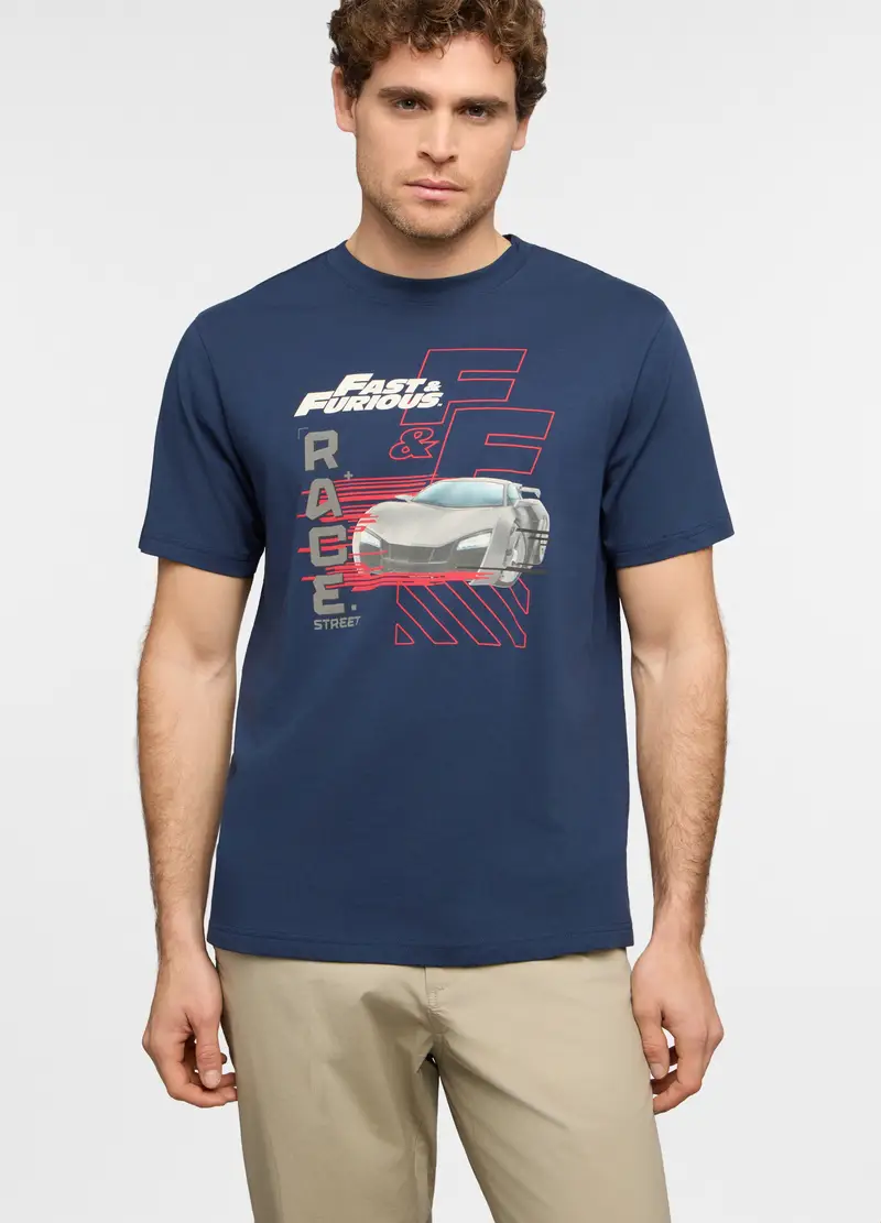 T-shirt Girocollo Con Stampa Fast & Furious Uomo, Blu navy