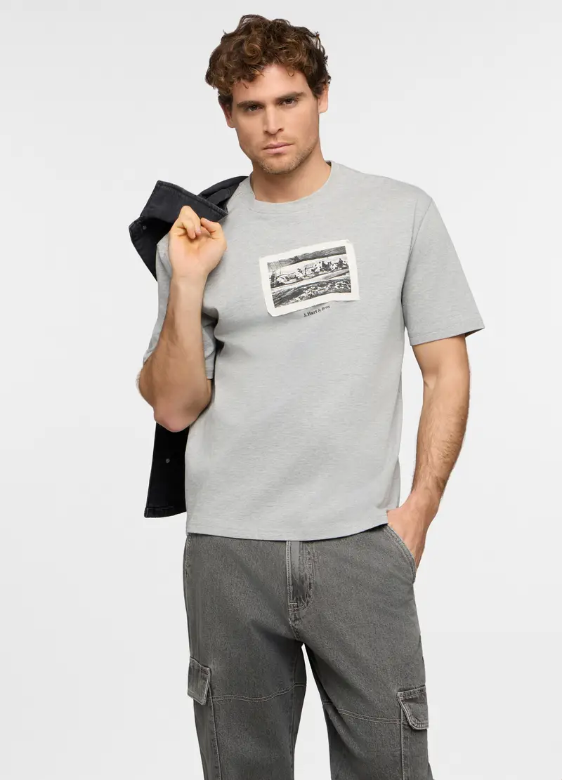 T-shirt Girocollo Con Stampa In Misto Cotone Uomo, Grigio chiaro melange