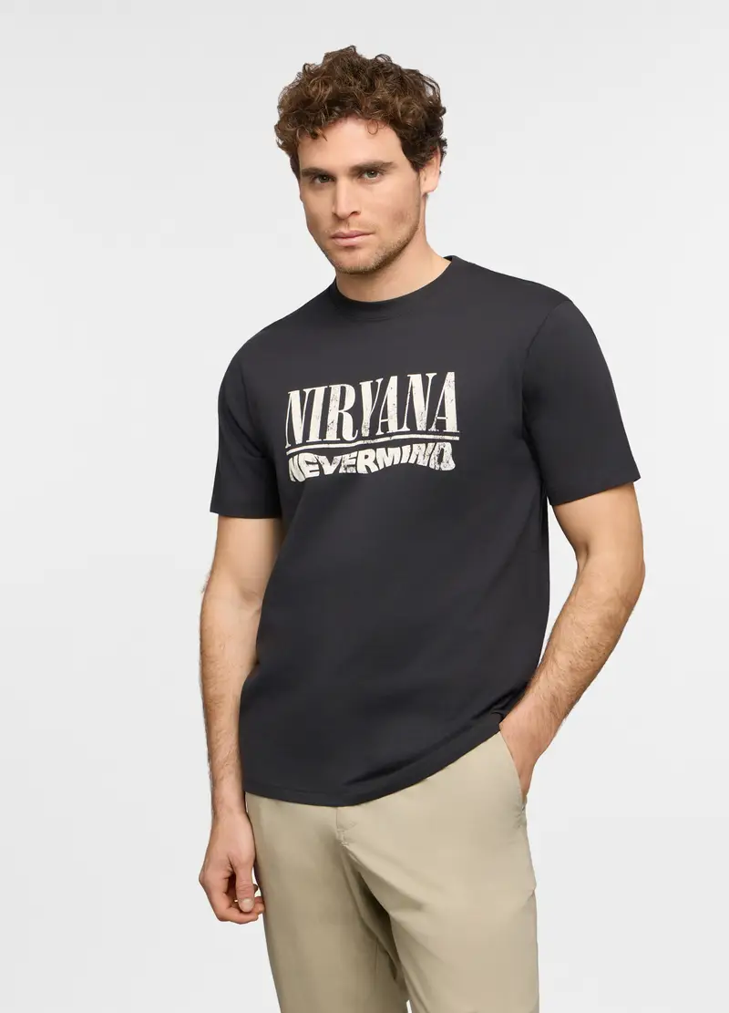 T-shirt Girocollo Con Stampa Nirvana Uomo, Nero grafite