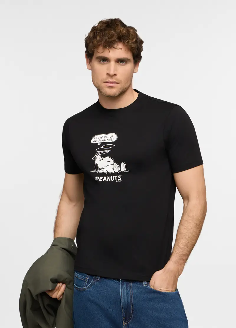 T-shirt Girocollo Con Stampa Peanuts Uomo, Nero