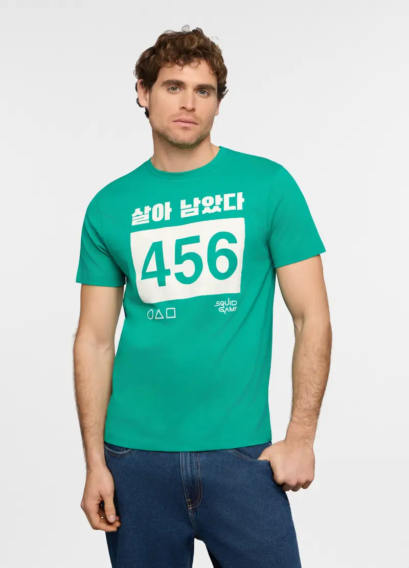 T-shirt Girocollo Con Stampa Squid Game Uomo, Verde smeraldo