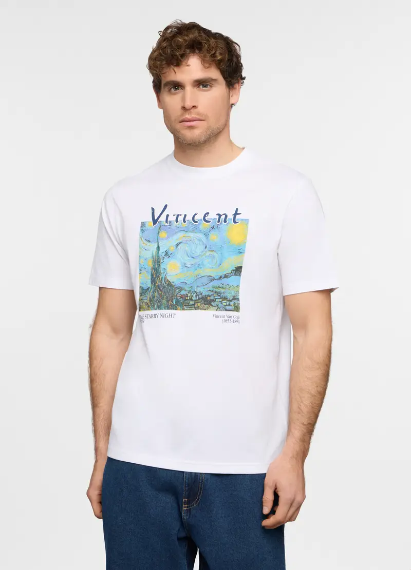 T-shirt Girocollo Con Stampa Van Gogh Uomo, Bianco