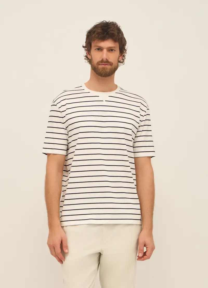 T-shirt Girocollo In Cotone A Righe Uomo, Bianco/Nero