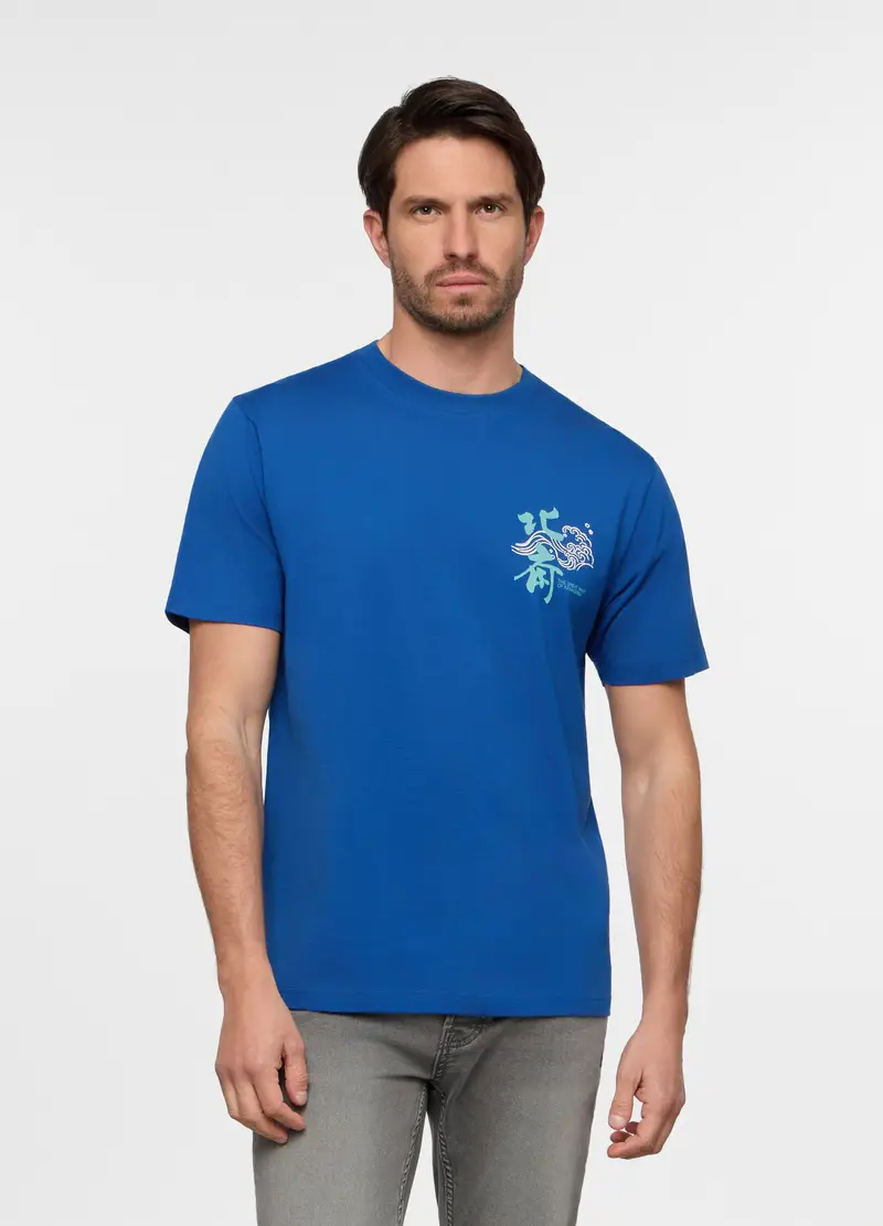 T-shirt Girocollo In Cotone Con Stampa Hokusai Uomo, Blu elettrico
