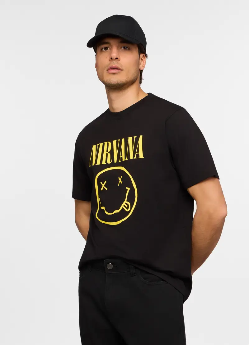 T-shirt Girocollo In Cotone Con Stampa Nirvana Uomo, Nero