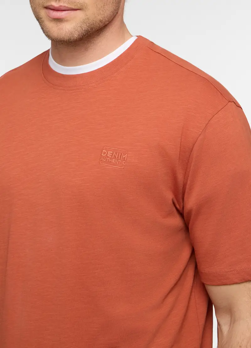 T-shirt Girocollo In Cotone Fiammato Uomo, Arancione papaya miniatura 3