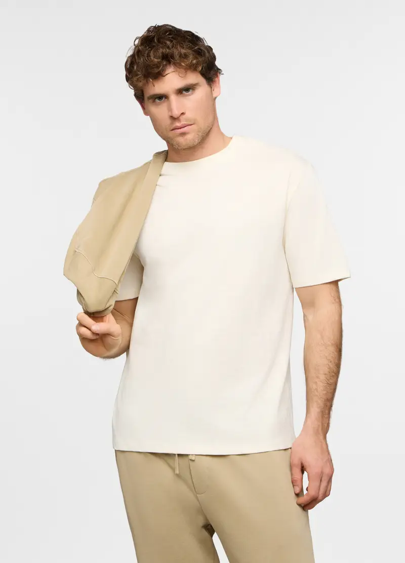 T-shirt Girocollo In Cotone Fiammato Uomo, Bianco avorio