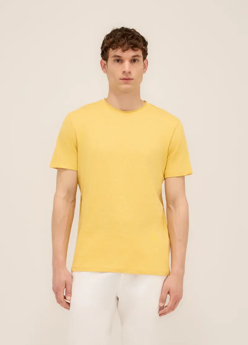 T-shirt Girocollo In Cotone Fiammato Uomo, Giallo canarino