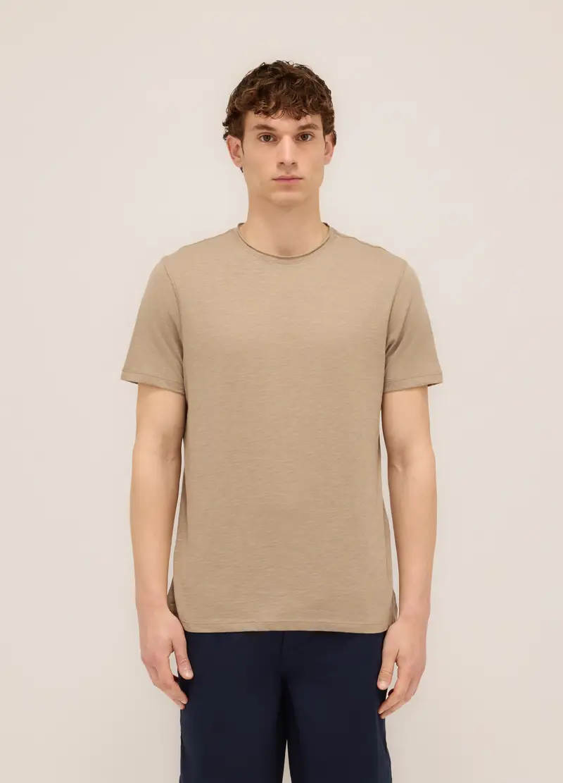 T-shirt Girocollo In Cotone Fiammato Uomo, Marrone ecru