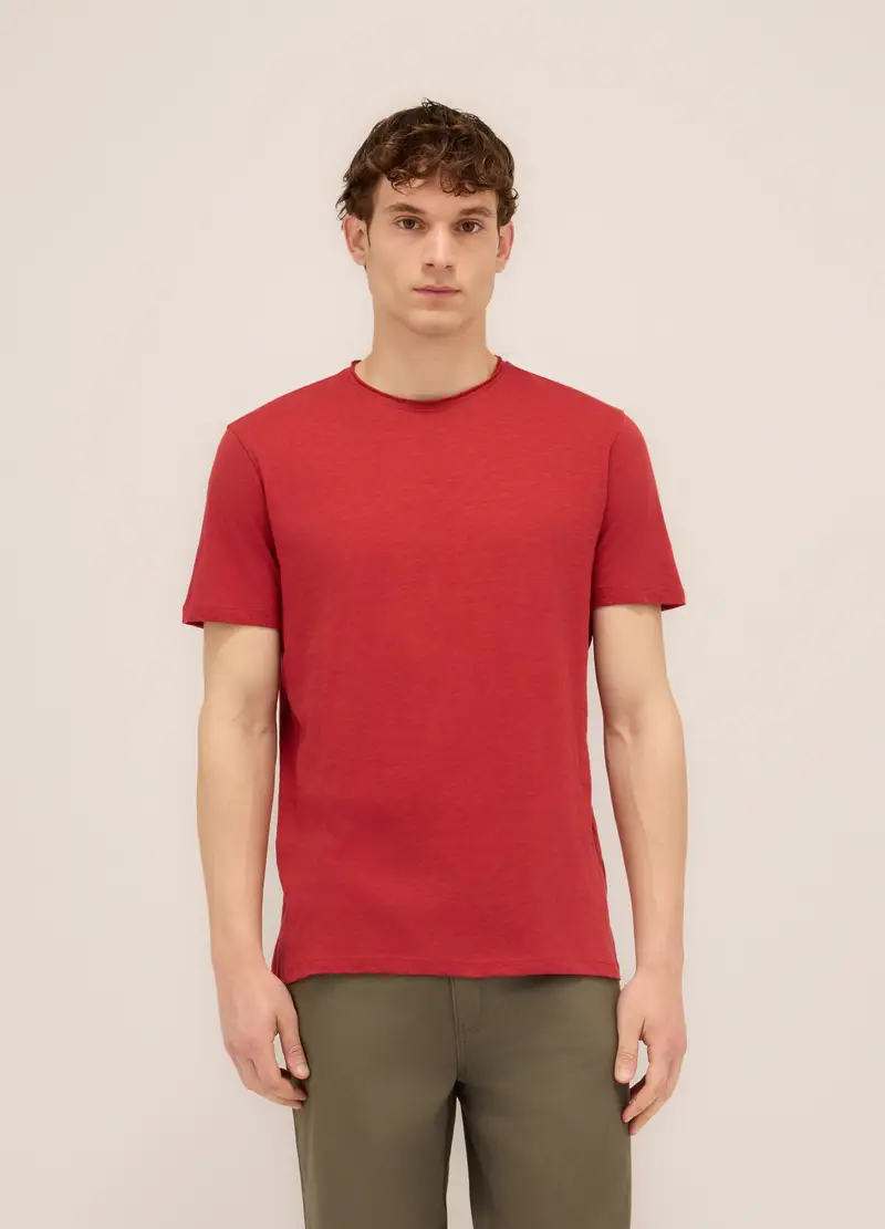 T-shirt Girocollo In Cotone Fiammato Uomo, Rosso geranio