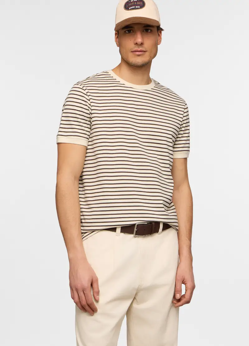 T-shirt Girocollo In Jersey Di Cotone A Righe Uomo, Bianco/Marrone