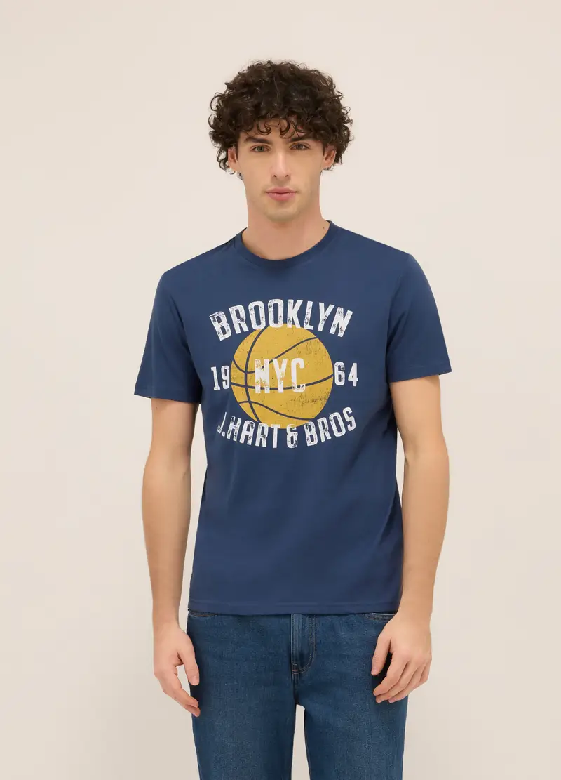 T-shirt Girocollo In Jersey Di Cotone Con Stampa, Uomo, Blu navy