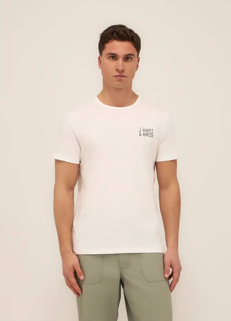 T-shirt In Cotone Mélange Con Stampa Uomo, Bianco panna