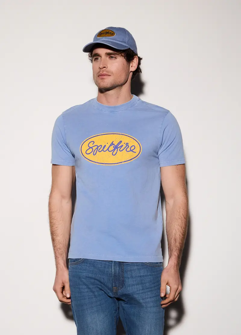 T-shirt In Jersey Di Cotone Con Stampa Uomo, Azzurro celeste