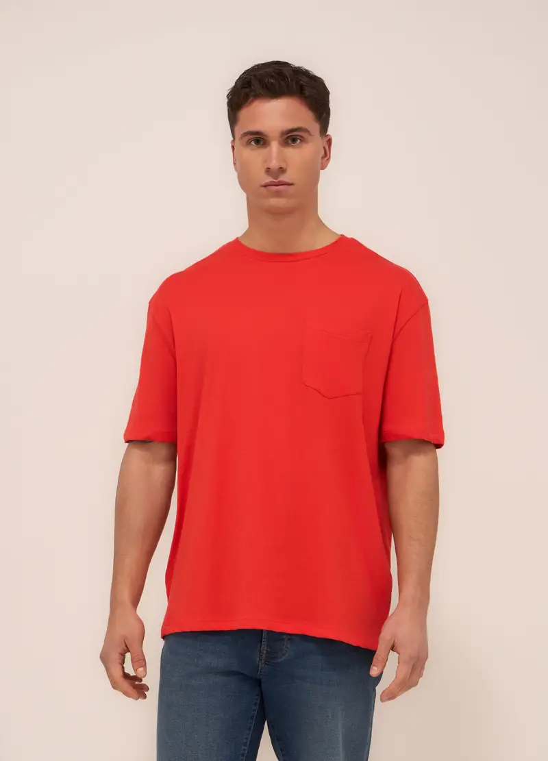 T-shirt In Jersey Di Cotone Con Taschino Uomo, Unisex, Arancione papaya