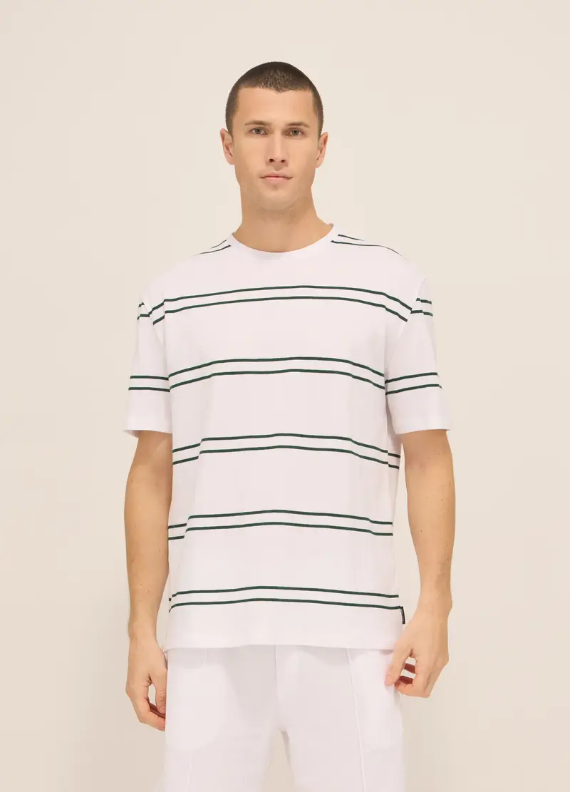 T-shirt In Piquet Di Cotone A Righe Uomo, Unisex, Bianco/Blu