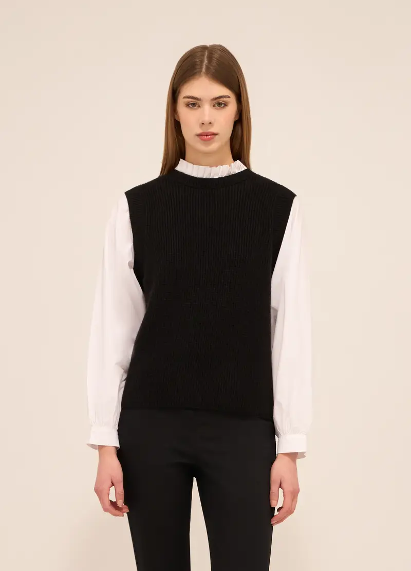 UPIM HB, Tricot Smanicato Misto Viscosa Con Inserto Camicia Donna, Nero/Bianco, Taglia: XS