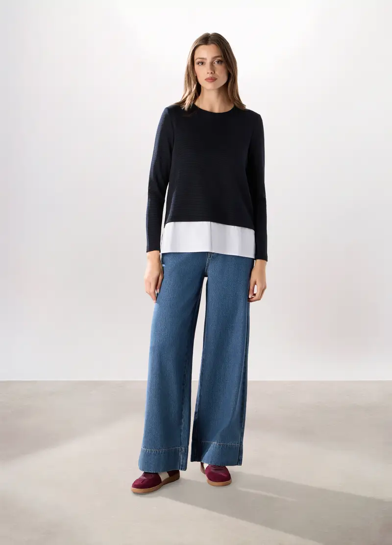 Jeans Wide Leg In Denim Di Cotone Donna, Blu denim