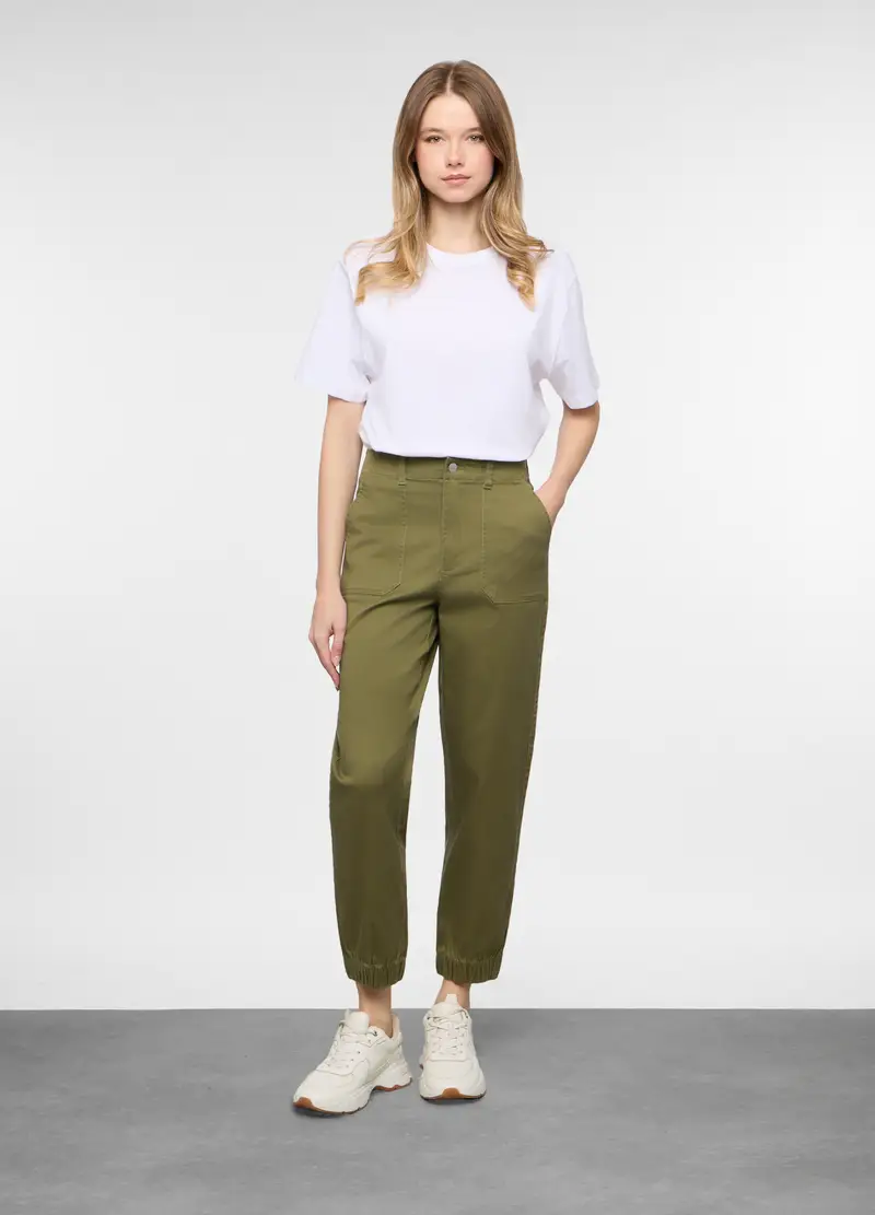 Jogger Fit Straight In Cotone Con Fondo Elasticato Donna, Verde oliva