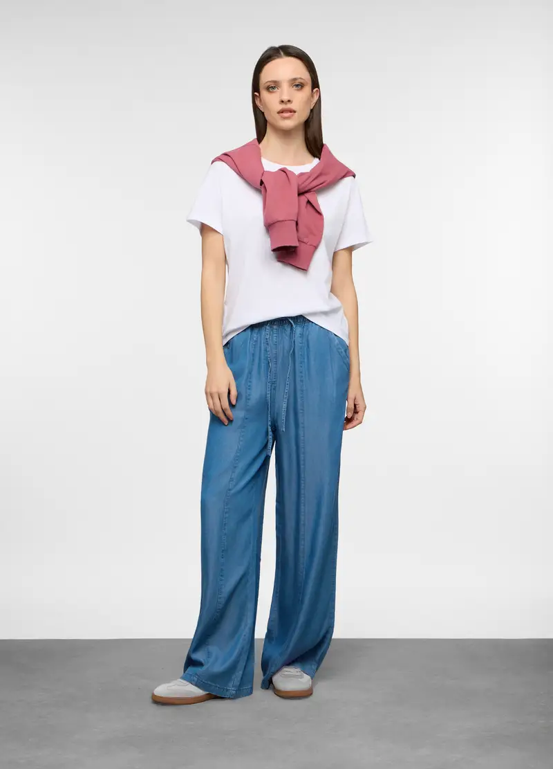 Jogger Fit Straight In Lyocell Con Vita Elasticata Donna, Blu denim