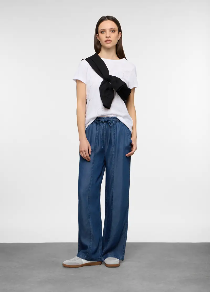 Jogger Fit Straight In Lyocell Con Vita Elasticata Donna, Blu scuro