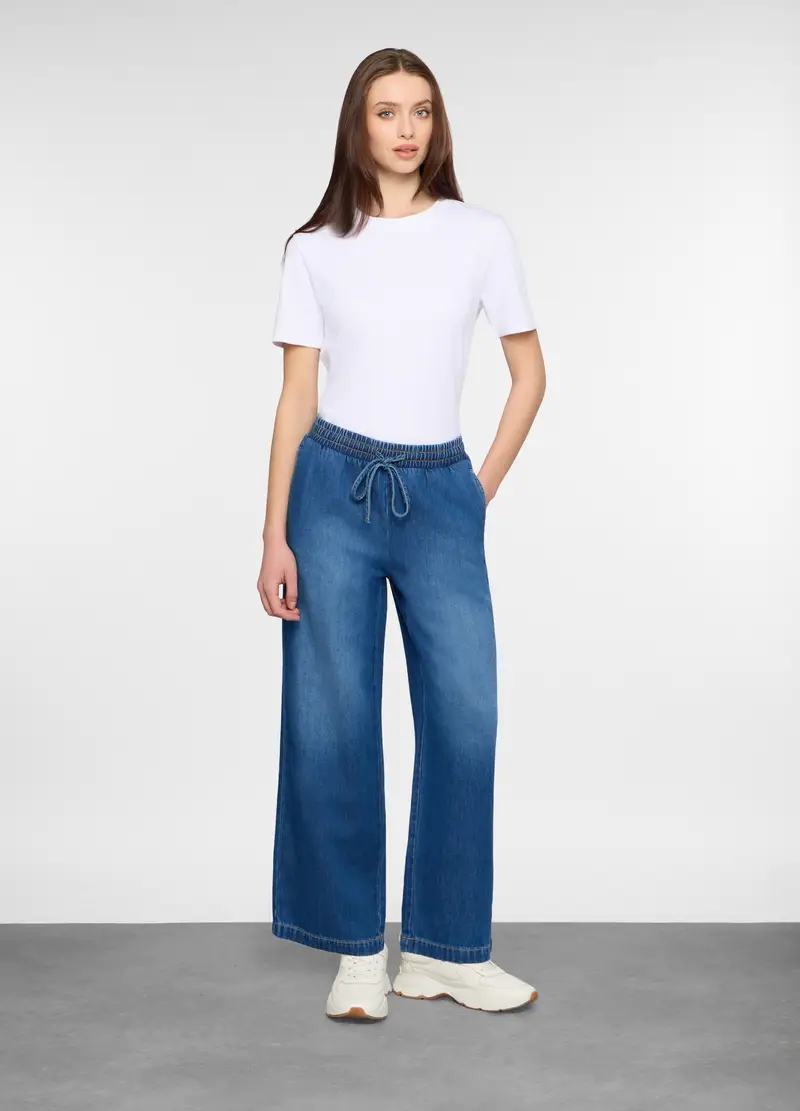 Jogger Fit Straight In Misto Lyocell Con Vita Elasticata Donna, Blu denim