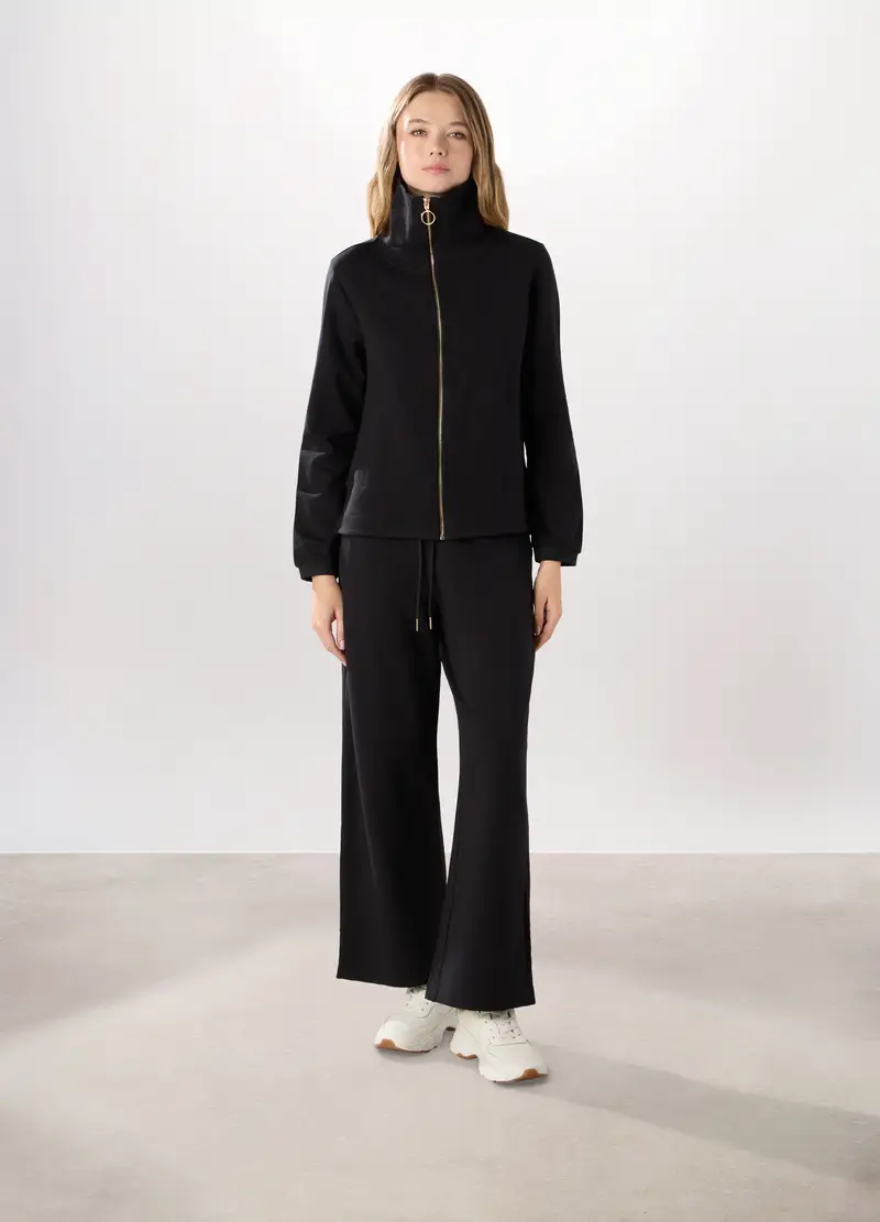 Jogger Flare Fit In Cotone Fleece Stretch Donna, Nero