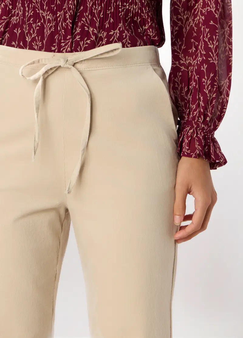 Jogger In Velluto A Coste Di Cotone Stretch Donna, Bianco panna miniatura 3