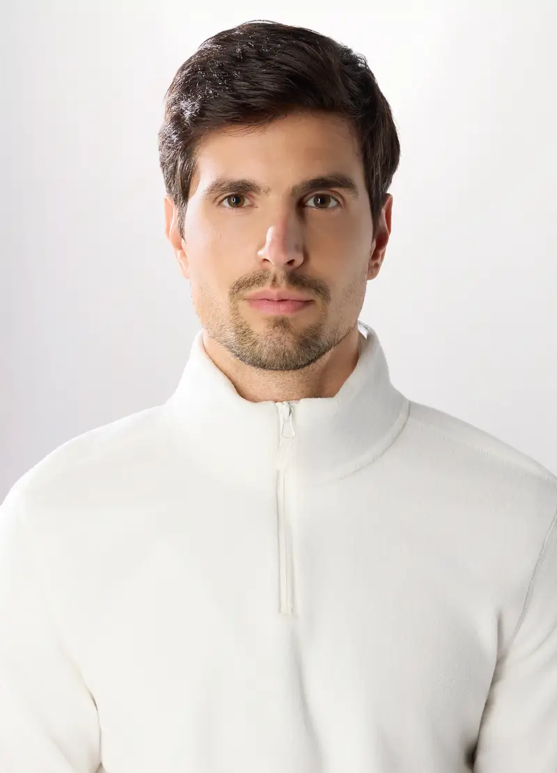 Lupetto Con Zip In Pile Uomo, Unisex, Bianco latte miniatura 3