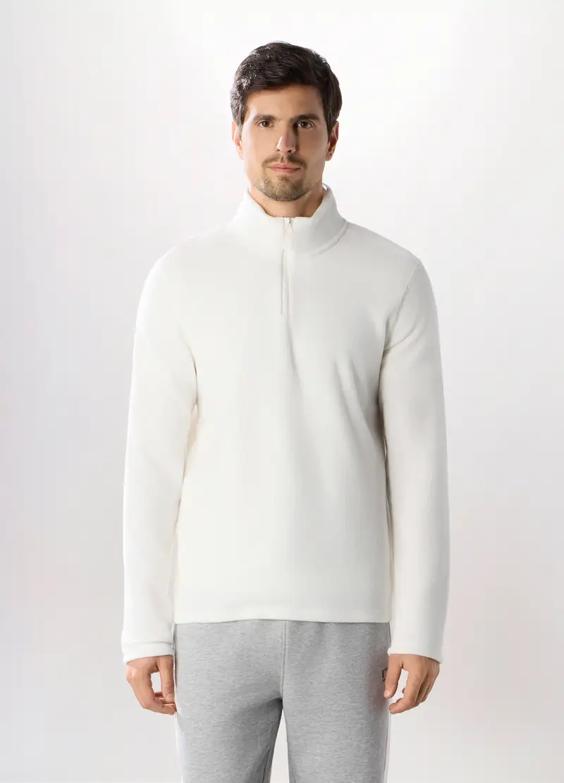 Lupetto Con Zip In Pile Uomo, Unisex, Bianco latte