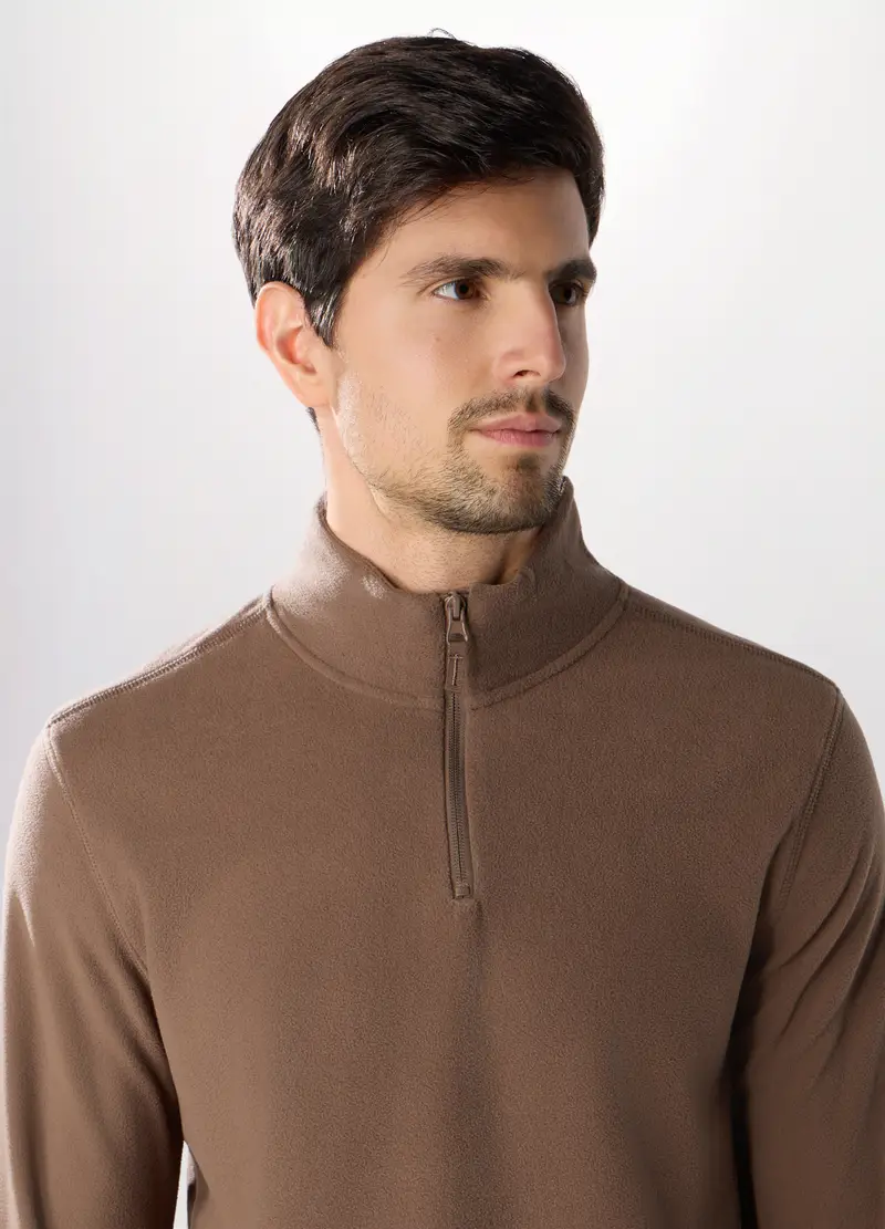 Lupetto Con Zip In Pile Uomo, Unisex, Marrone ecru miniatura 3